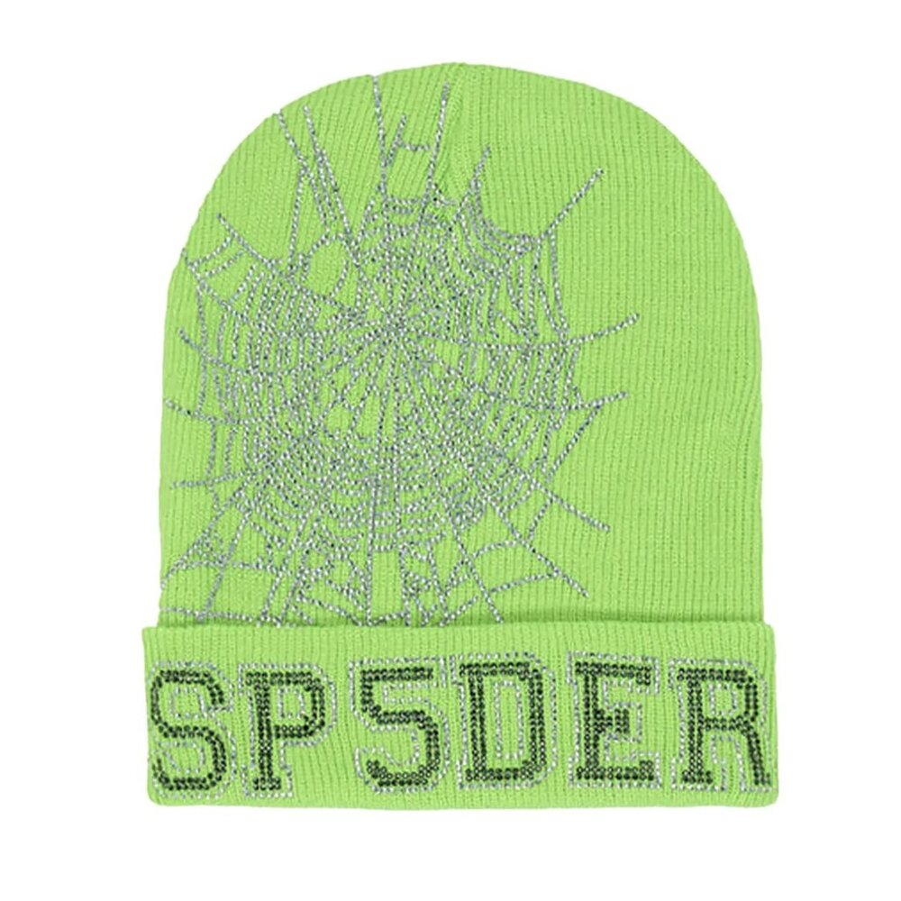 Sp5der Web Rhinestone Beanie Slime Green | Spider Worldwide